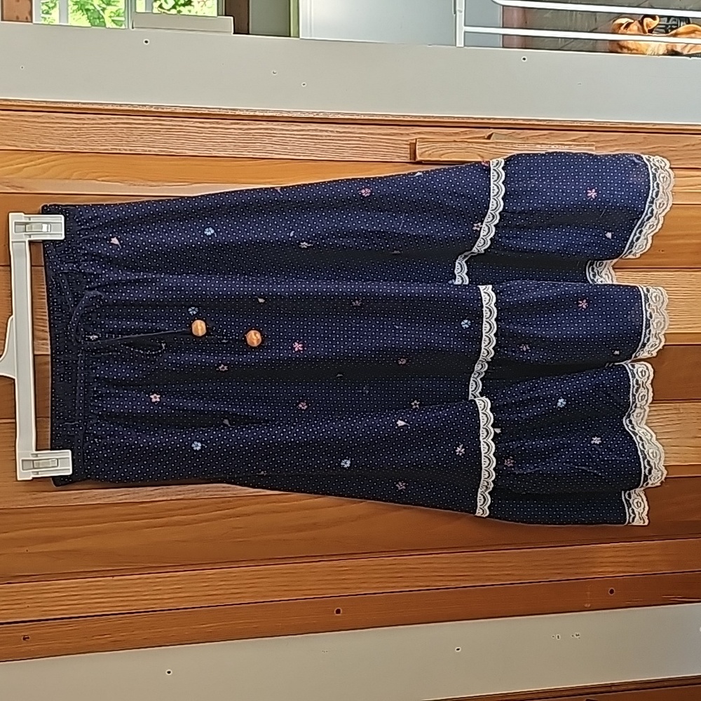 Navy Peasant Skirt with White Polka Dots, Flowers, and Lace Trim